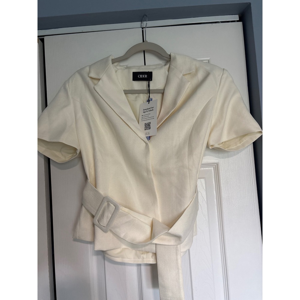 Cider Cream White Short Sleeve Belted Blazer Top Large CD20251226669717TT